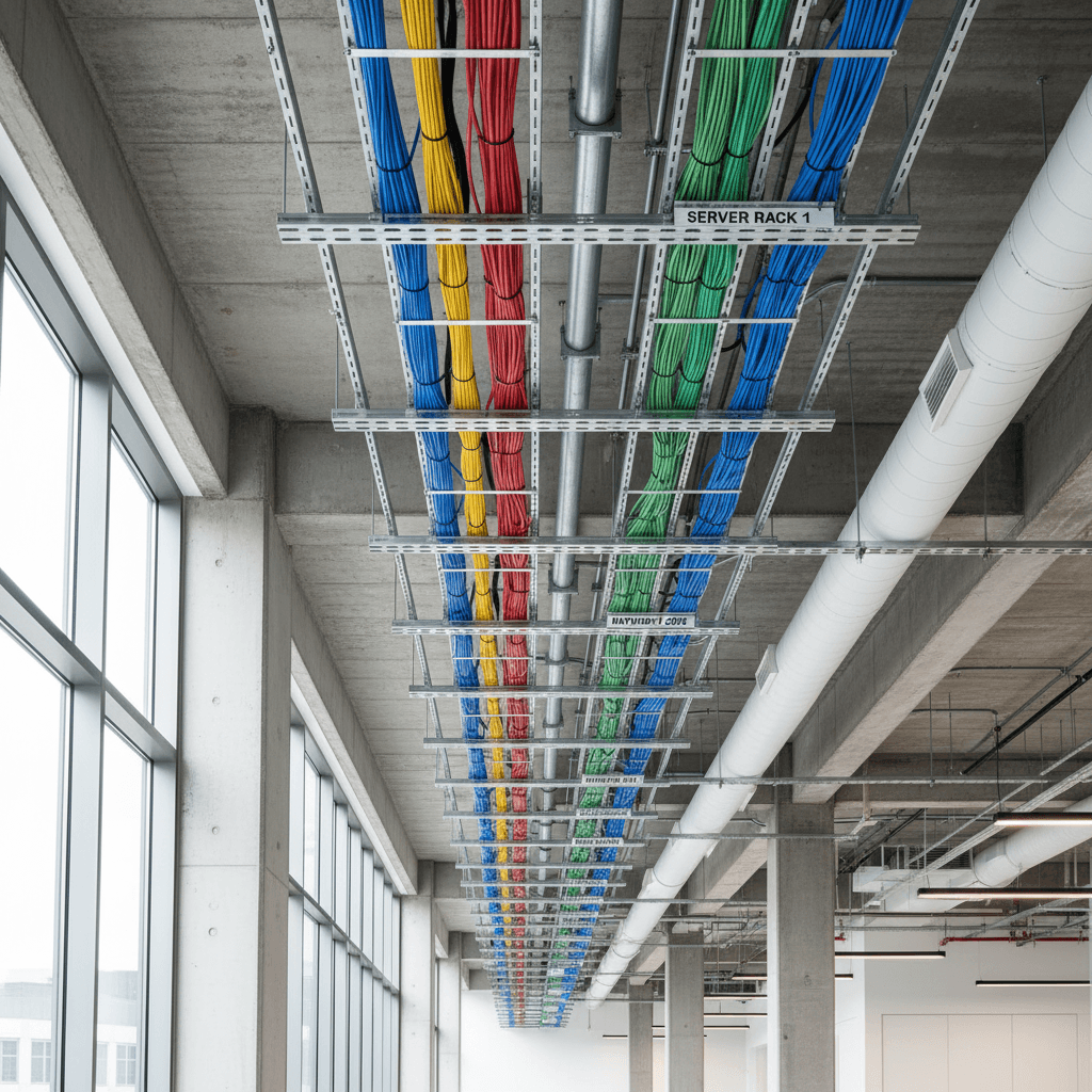 Professionally organized network cable runs in commercial ceiling space