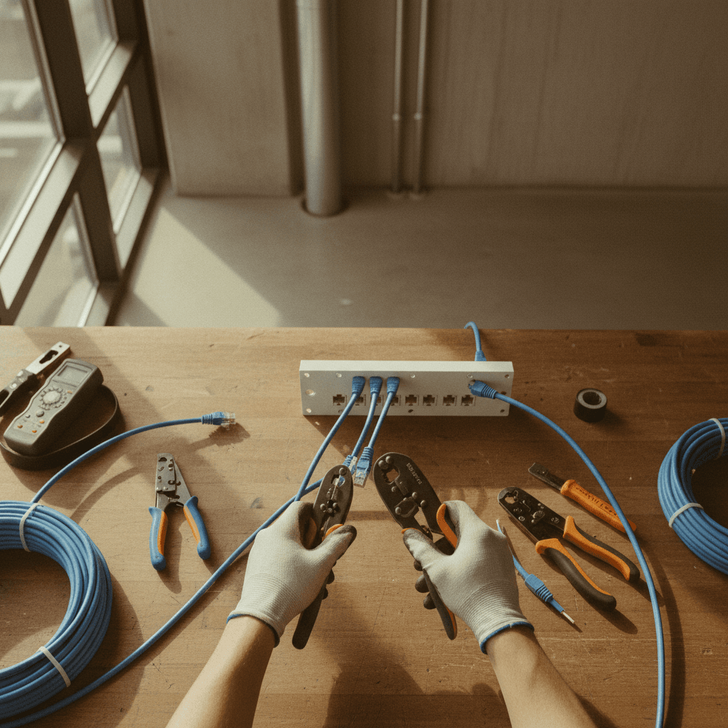 Cat6 cable termination being installed in commercial space