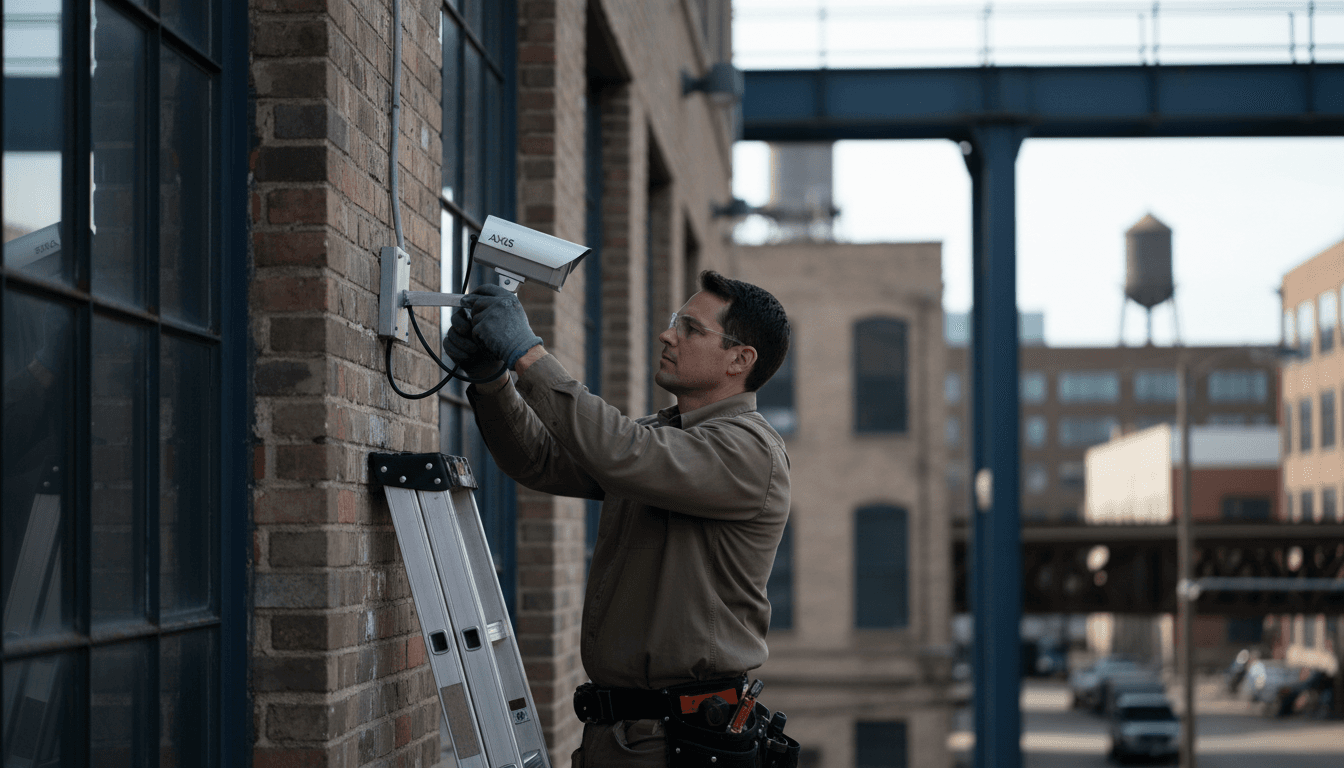 MKK LV Solutions technician installing professional CCTV camera on commercial building in Chicago