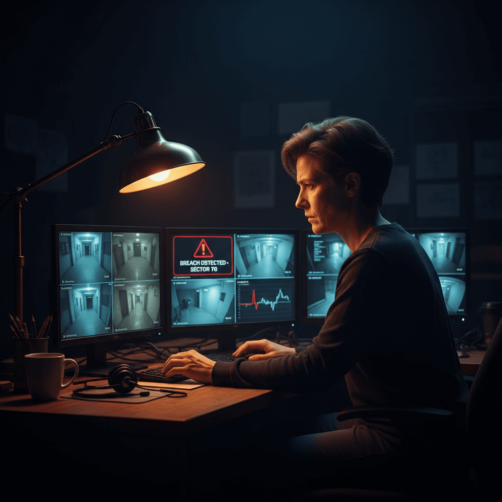 Security professional monitoring multiple systems at night