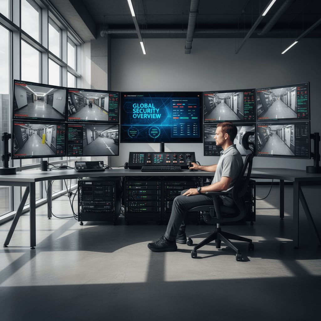 Multi-monitor security control room with live feeds and access data