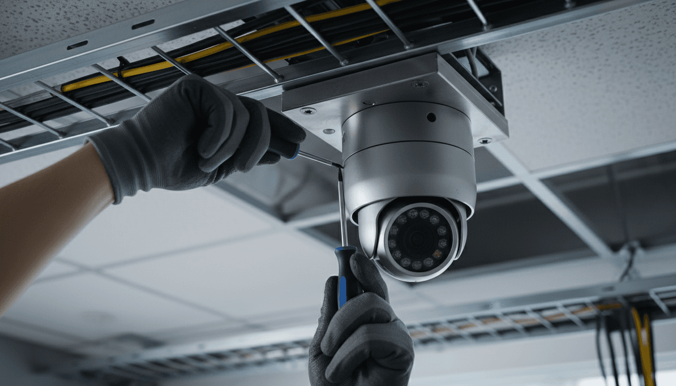Technician installing professional CCTV camera in commercial ceiling