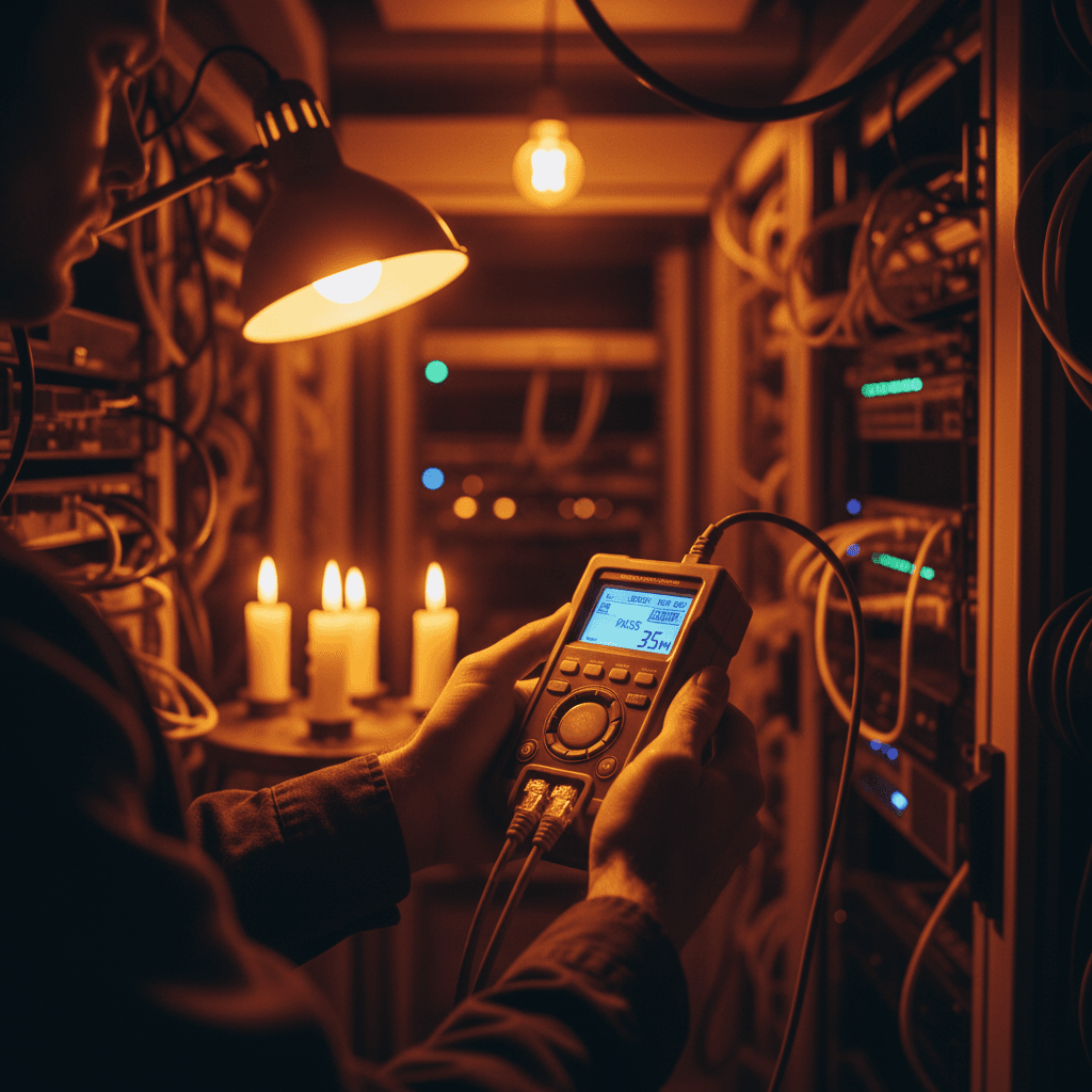 Network technician performing cabling diagnostics with professional test equipment