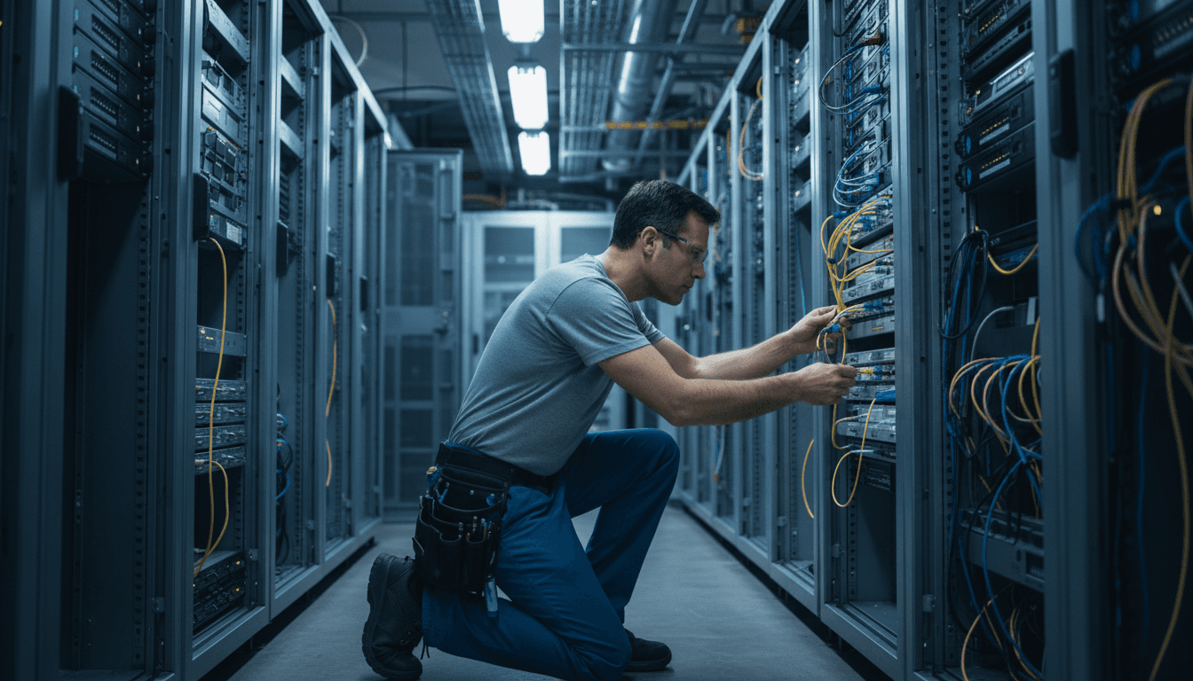 Low voltage technician installing fiber optic network cabling in a commercial data closet