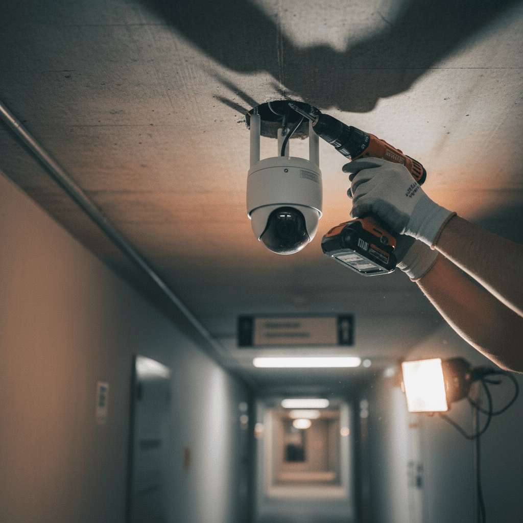 Technician installing CCTV camera on commercial ceiling