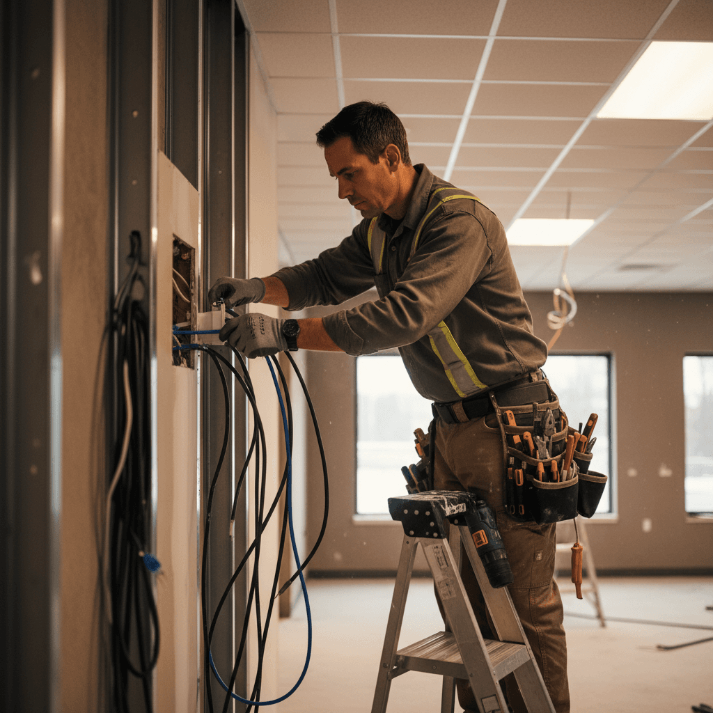 Low voltage technician installing network outlet in commercial wall