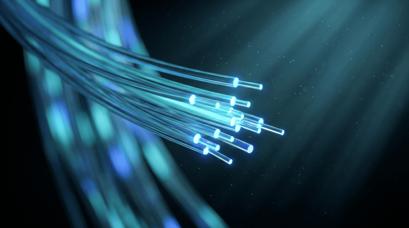 Glowing fiber optic cables with blue light transmission in dark studio setting.
