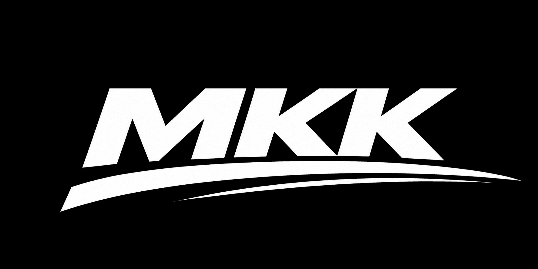 Bold white italicized MKK text with two curved swooshes on a solid black background.